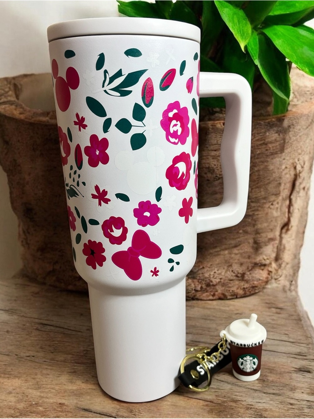 White Floral Travel Mug with Pink Flowers 40oz + Starbucks keychain